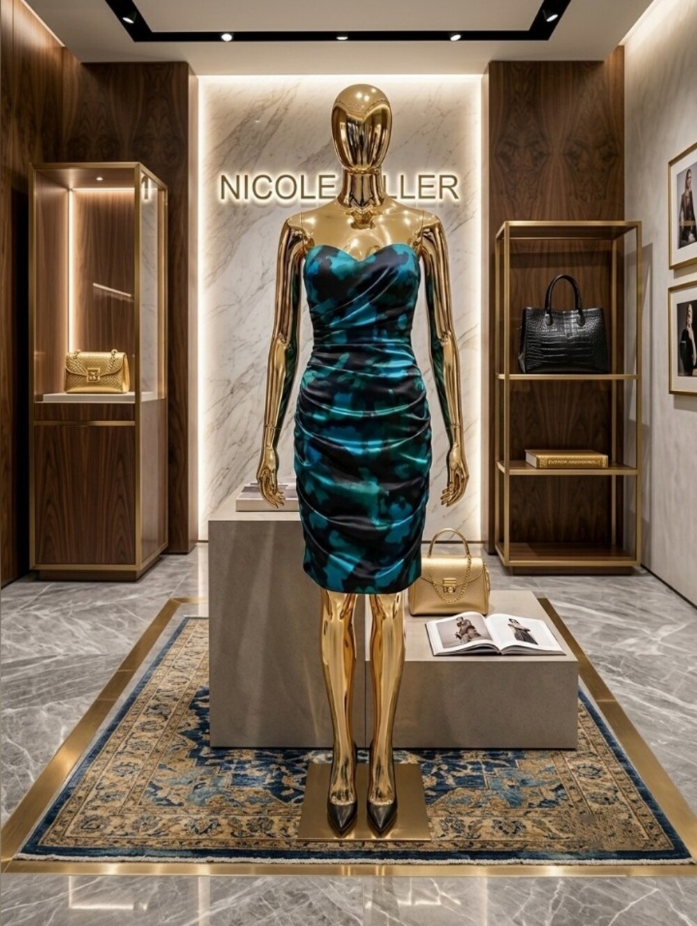 Nicole Miller Teal & Black Ruched Strapless Sheath